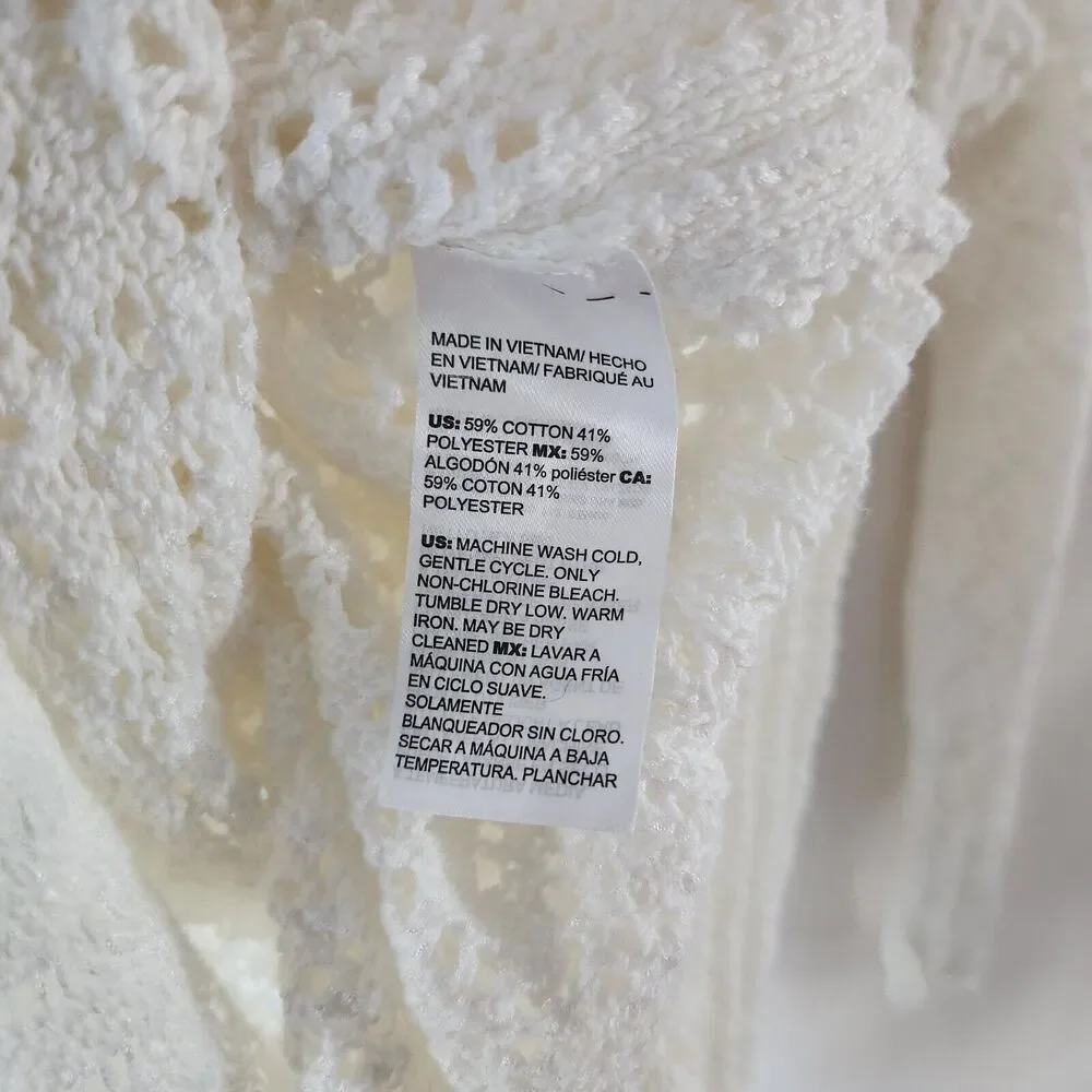Chico’s Open Stitch Pullover White Sweater Sz SP Long Sleeve Lightweight Crochet